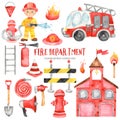 Watercolor set clipart with cute cartoon fire station, fireman, fire truck and fire equipment for kids Royalty Free Stock Photo
