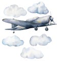 Watercolor set with clouds and airplane. Hand painted sky illustration with aircraft isolated on white background. For