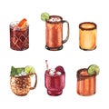 Watercolor set cocktail michelada, moscow mule, negroni and dregon drink . Hand-drawn illustration isolated on white