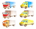 Watercolor set collection of light commercial red and yellow vehicles in white background isolated Royalty Free Stock Photo