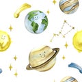 Watercolor set, collection of space elements. cute smiling planets earth, jupiter, moon, sun. asteroids, stars and constellations