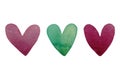 Watercolor set of colored hearts. Abstract watercolor green,purple, pink, red heart background. Royalty Free Stock Photo