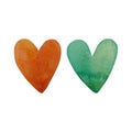 Watercolor set of colored hearts. Abstract watercolor green and orange heart background. Royalty Free Stock Photo