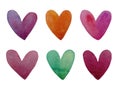 Watercolor set of colored hearts. Abstract watercolor green,purple, orange, red heart background. Royalty Free Stock Photo
