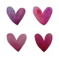 Watercolor set of colored hearts. Abstract watercolor purple, pink, red heart background. Royalty Free Stock Photo