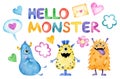 Watercolor set of colorful cute smiling monsters. Cartoon style characters isolated on white background. Poster. Royalty Free Stock Photo