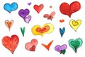Watercolor set of colorful hearts, romance of different shades and shapes,collection for Valentine\'s day Royalty Free Stock Photo