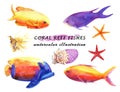Watercolor set of colorful reef fishes, soft coral, starfish and molluscs.