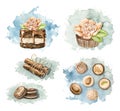 Watercolor set with cookies, cinnamon, candy and muffins on blue spot backdrop Royalty Free Stock Photo