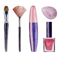 Watercolor set of cosmetics and make up artist objects. Brushes, mascara, sponge and red nail polish Royalty Free Stock Photo