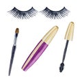 Watercolor set of cosmetics and make up artist objects. False eyelashes, brushes, mascara Royalty Free Stock Photo