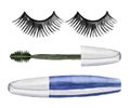 Watercolor set of cosmetics and make up artist objects. False eyelashes, brushes, mascara Royalty Free Stock Photo