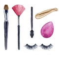 Watercolor set of cosmetics and make up artist objects. False eyelashes, brushes, sponge for foundation cream Royalty Free Stock Photo