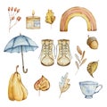 Watercolor set of cozy autumn, cute elements