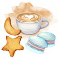 watercolor set of cup of coffee, cookies, macaroon, biscuit. hand drawn illustration of cappuccino, collection of coffee Royalty Free Stock Photo