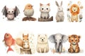 Watercolor set of Cute Baby bird, lion, dog, fish, bat, squirrel, cat, rabbit, tiger, elephant Safari Animals. Cartoon Royalty Free Stock Photo