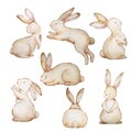 Watercolor set of cute brown easter bunnies