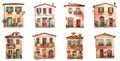 Watercolor set of cute cartoon fairytale old european city houses, front view, stylized isolated illustrations. Generative AI Royalty Free Stock Photo