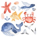 Watercolor set with cute cartoon kids underwater creatures.