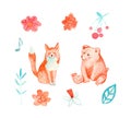 Watercolor set cute foxes, bear, flowers and berries. Forest animals Royalty Free Stock Photo