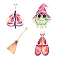 Watercolor set, cute frog, moths and butterflies, mystique, broom, Halloween