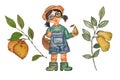 watercolor set cute gardener with a basket of fruits, pears and apples