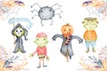 Watercolor set with cute Halloween cartoon characters