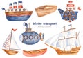 Watercolor set with cute kids cartoon ships and submarine.