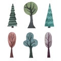 watercolor set of cute multicolored stylized trees isolated on white background