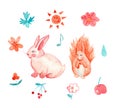 Watercolor set cute rabbit, squirrel, flowers and berries. Forest animals Royalty Free Stock Photo