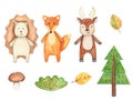 Watercolor set with cute wild animals. The collection includes a Fox, a deer, a hedgehog, a Christmas tree, a Bush, a