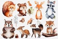 Watercolor set of cute wood animals. Generative ai design