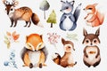 Watercolor set of cute woodland animals. Generative ai design