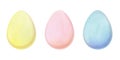 Watercolor set of decorative elements for Easter. Three dyed eggs of yellow, pink and blue colors isolated on white background.