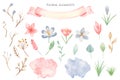 Watercolor set of delicate flowers, ribbons, watercolor stains.