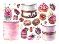 Watercolor set of desserts, cakes, chocolate on a white background