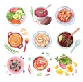 Watercolor set of different dishes