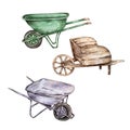 Watercolor set of different garden wheelbarrows Royalty Free Stock Photo