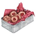 Watercolor set of different valentine cookies with jam in metal box. Heart shaped and round. Romantic symbol.