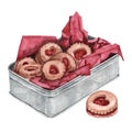 Watercolor set of different valentine cookies with jam in metal box. Heart shaped and round. Romantic symbol.