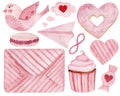 Watercolor set with sweets, bird, envelope, hearts, plane isolated on a white background. For Valentine products etc.