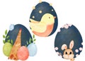 watercolor set. Easter compositions. rabbits, springtime birds, hens, and colorful eggs. cartoon style, making them ideal for