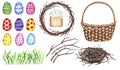 Watercolor set with Easter eggs, Easter cake, green grass, nest, wreath, twigs, basket.