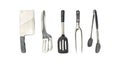 Watercolor set elements grill, kitchen tools for cooking bbq:spatula,fork,tongs and knife grilling. Hand-drawn Royalty Free Stock Photo