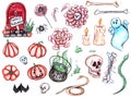 Watercolor set of elements about Halloween with skulls, bones, pumpkin, ghosts, snakes, spiders, potion, candies