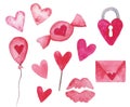 Watercolor set with elements with symbols of love, for Valentine`s Day. Hearts, letter, candy, balloon, kiss, lip print