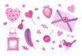 Watercolor set of elements for Valentine`s day. Hearts, sweets, letter, bird and other cute items.