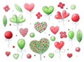 Watercolor Set of elements for Valentine`s Day. Isolated on white background