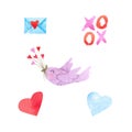 Watercolor set of elements for Valentine`s day. Letter, xoxo, bird with a bouquet of hearts in its beak, blue and red heart and