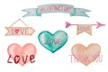 Watercolor set of elements for Valentine\'s Day. Love arrow, hearts, banner, hand painted on paper, white background Royalty Free Stock Photo